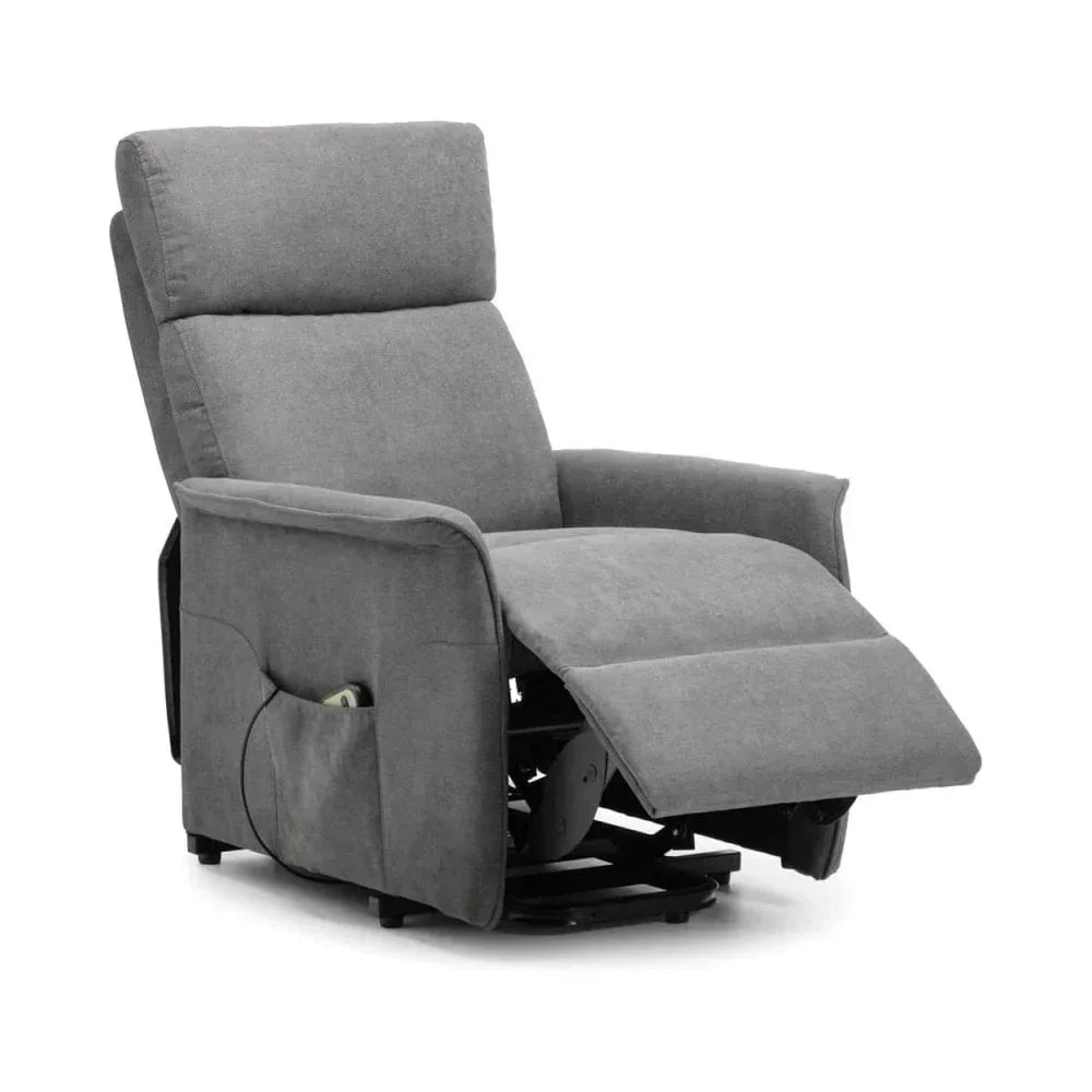 Grey fabric recliner armchair with footrest extended and side storage pocket