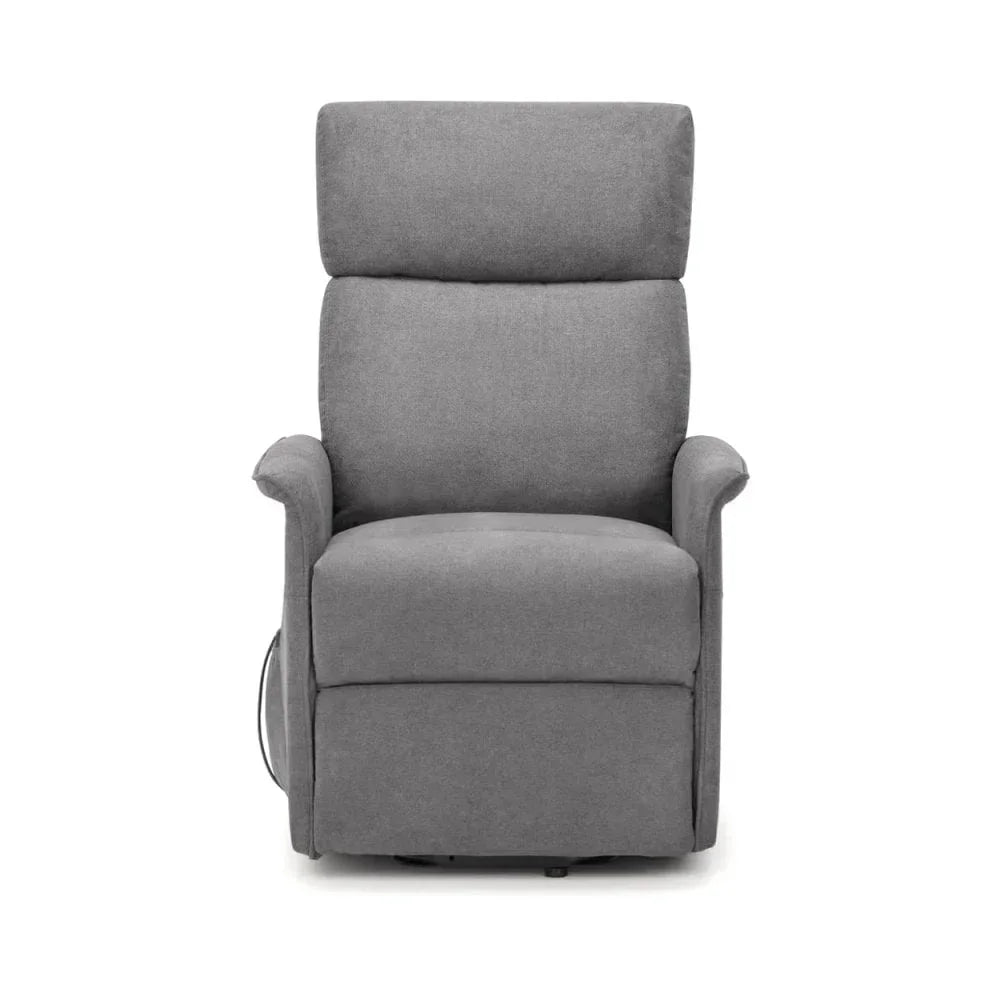 Grey fabric recliner chair with high back and cushioned arms, front view