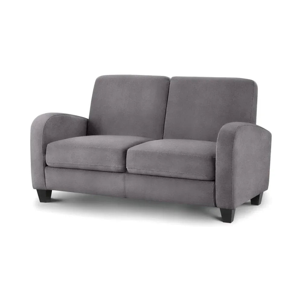 Grey fabric two seater sofa with padded arms and dark wooden legs, front view