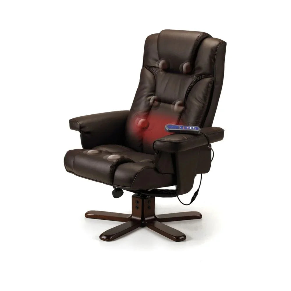 Brown leather recliner chair with massage function, swivel base and remote control