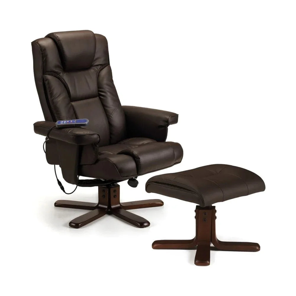 Brown leather recliner chair with matching footstool and wooden base
