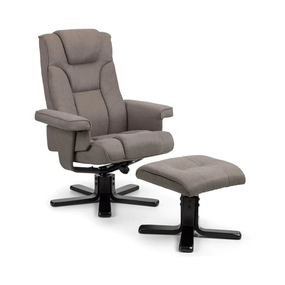 Grey fabric recliner armchair with matching footstool and black bases