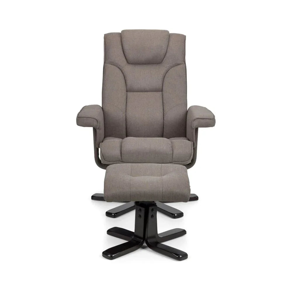 Grey fabric recliner chair with matching footstool and black swivel base, front view