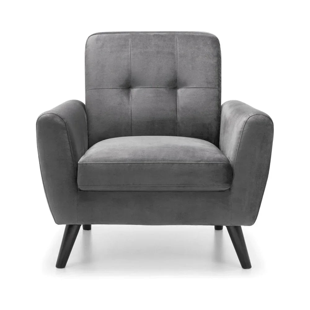 Grey fabric armchair with cushioned seat, button-tufted back and angled wooden legs