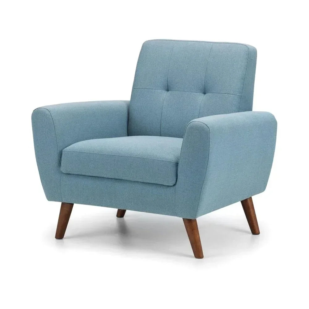 Light blue fabric armchair with angled wooden legs and tufted backrest, front angle view