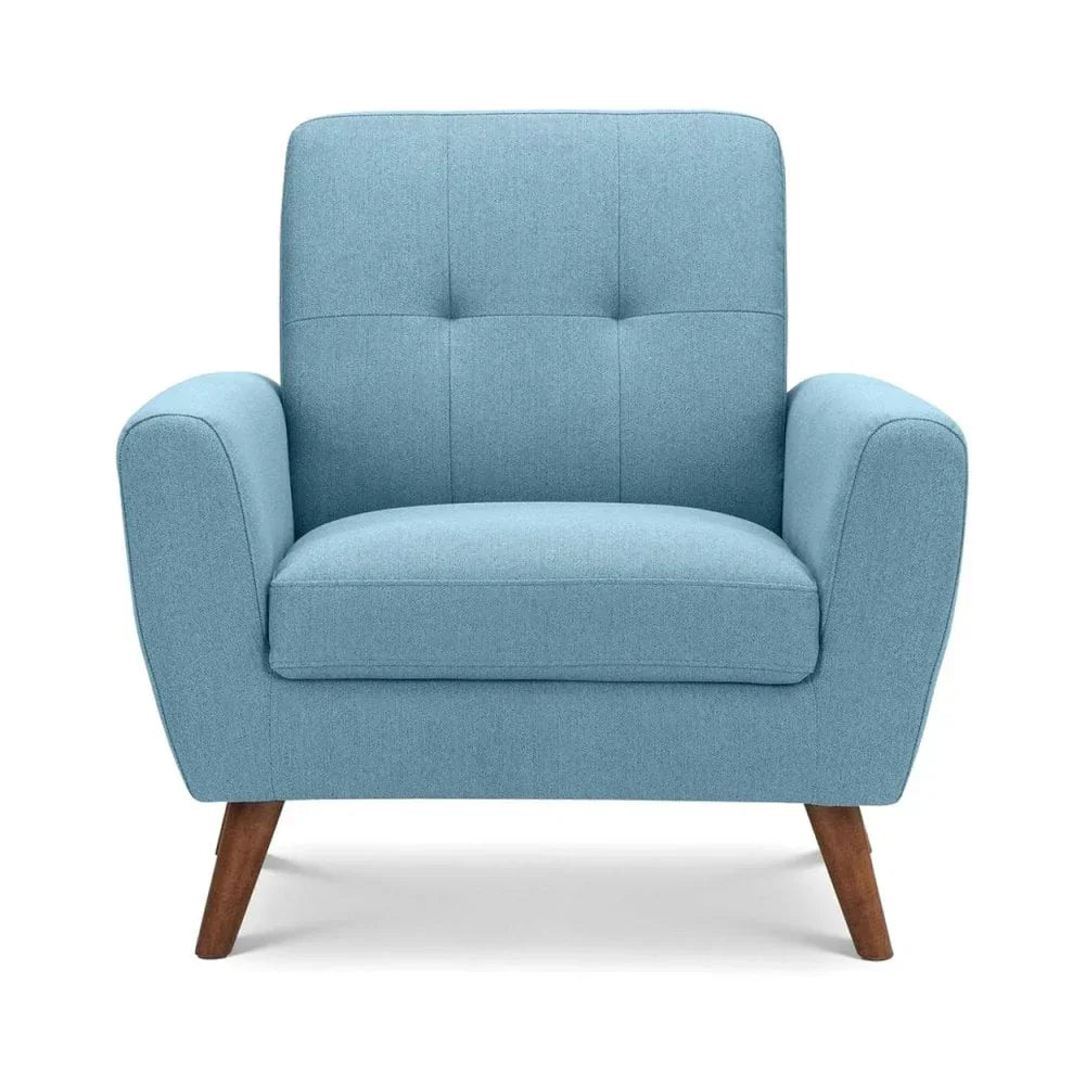 Blue fabric armchair with tufted backrest and angled wooden legs, front view