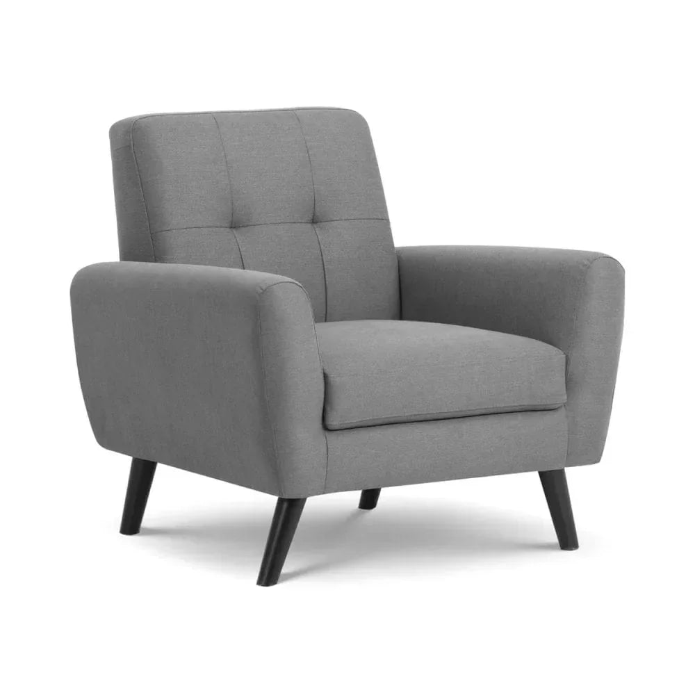 Grey fabric armchair with tufted backrest and angled wooden legs