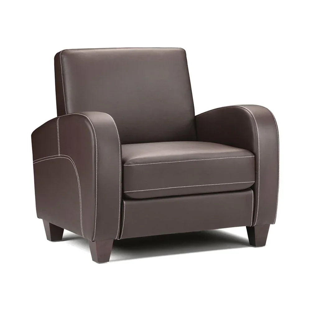 Brown leather armchair with white stitching and wooden legs on white background