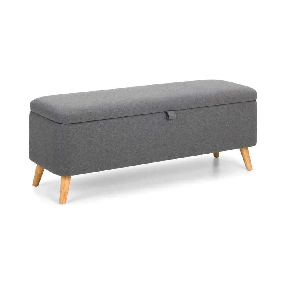 Grey upholstered storage bench with wooden legs and lift-top lid