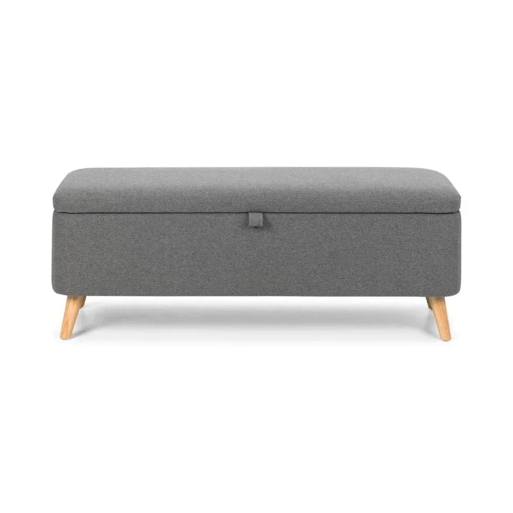 Grey fabric storage bench with wooden legs, front view