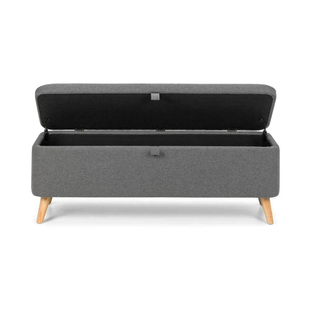 Grey fabric storage bench with open lid and wooden legs, front view