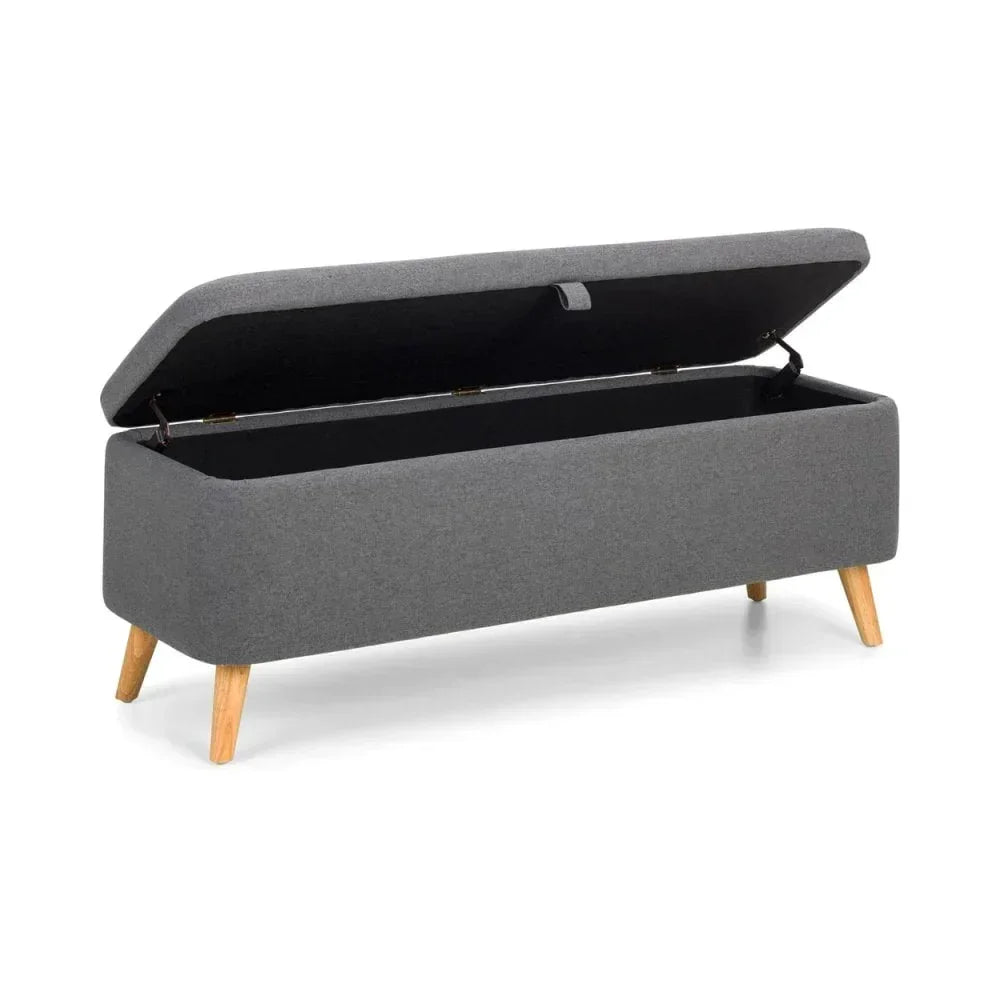 Grey fabric storage bench with open lid and wooden legs on white background