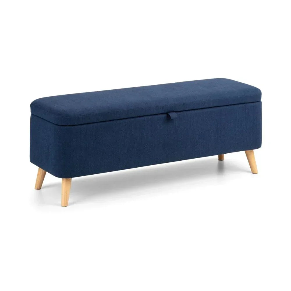 Blue fabric storage bench with cushioned seat and light wood legs