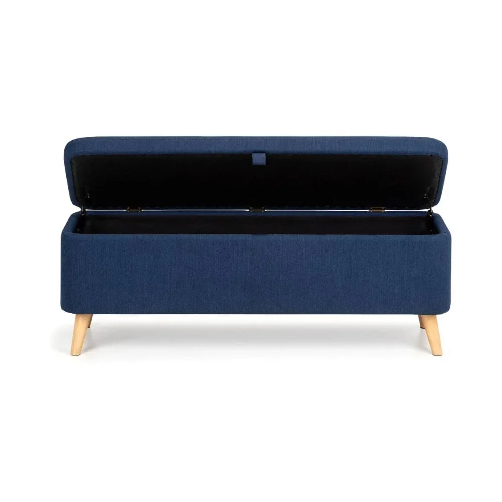 Blue fabric storage bench with open lid and wooden legs, front view