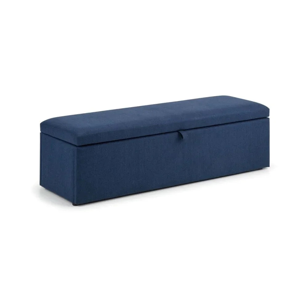 Blue fabric storage bench with cushioned seat and hinged lid on white background