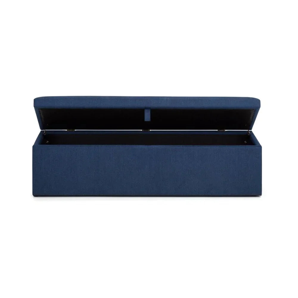 Blue fabric storage ottoman bench with open lid and spacious interior