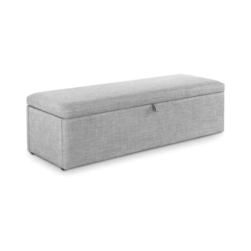 Grey fabric ottoman bench with lift-top storage, rectangular design, front view