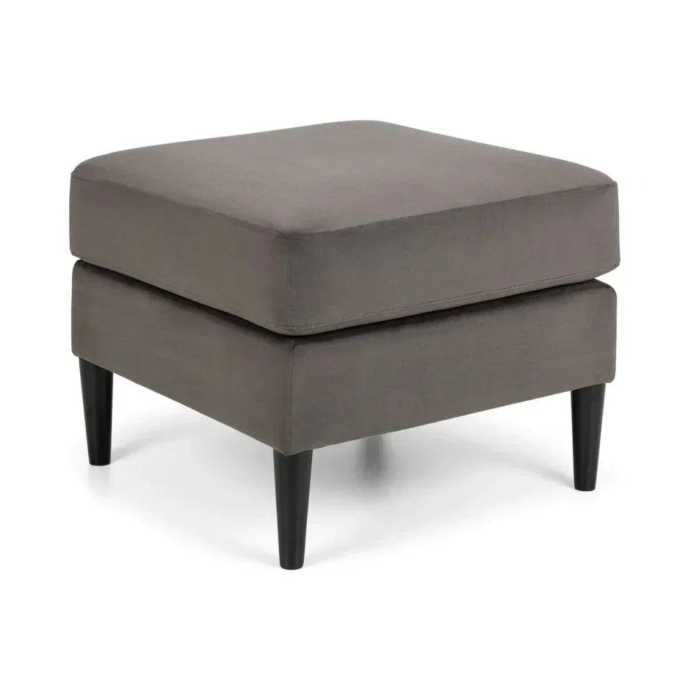Grey fabric ottoman with tapered black legs, modern square design, photographed from front angle