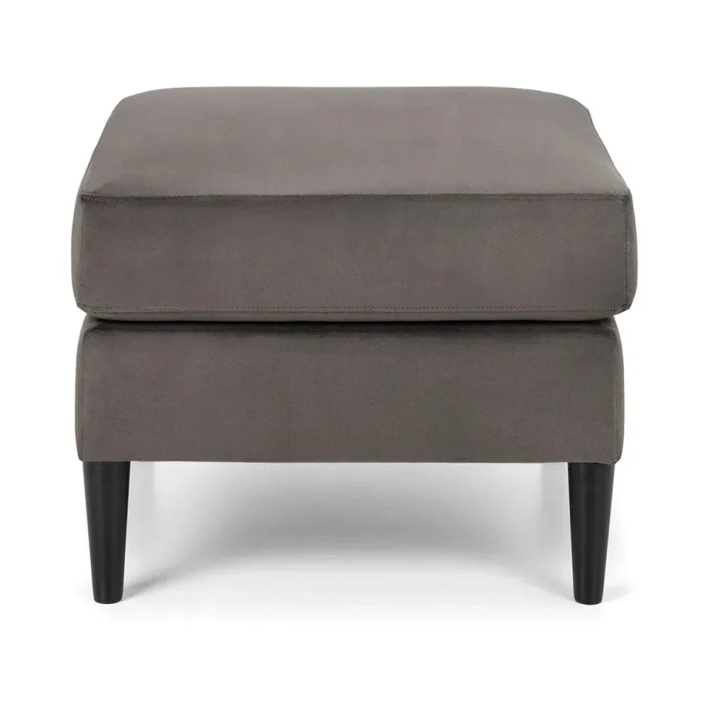 Grey fabric ottoman with black tapered legs, front view