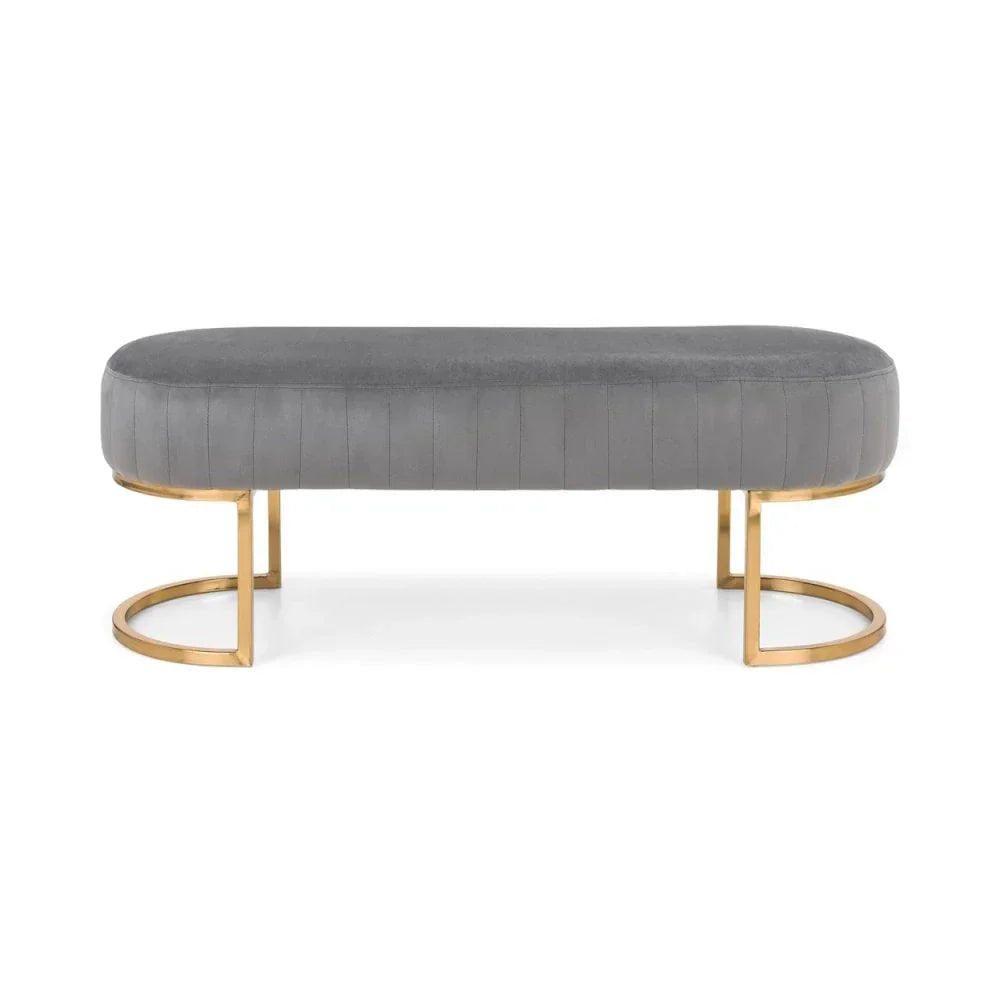 Grey velvet bench with gold metal legs, modern seating furniture