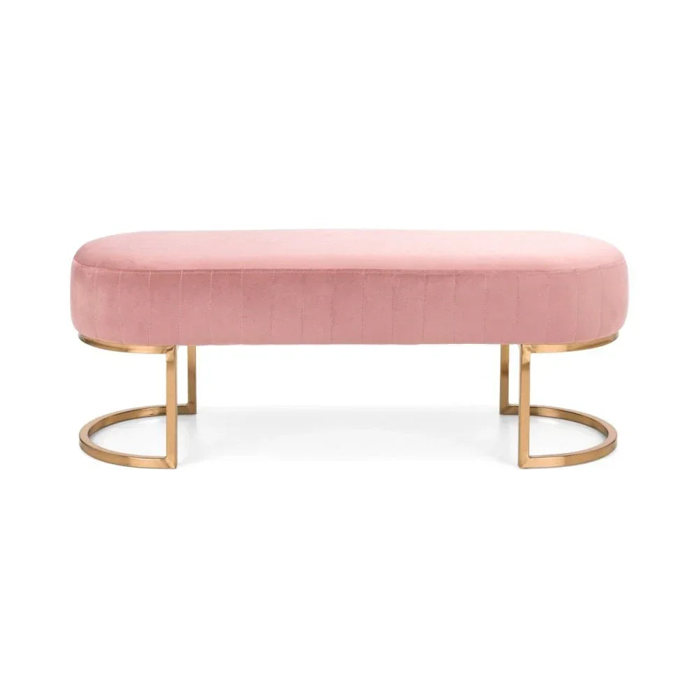 Pink velvet bench with gold metal legs, oval shape, modern living room furniture
