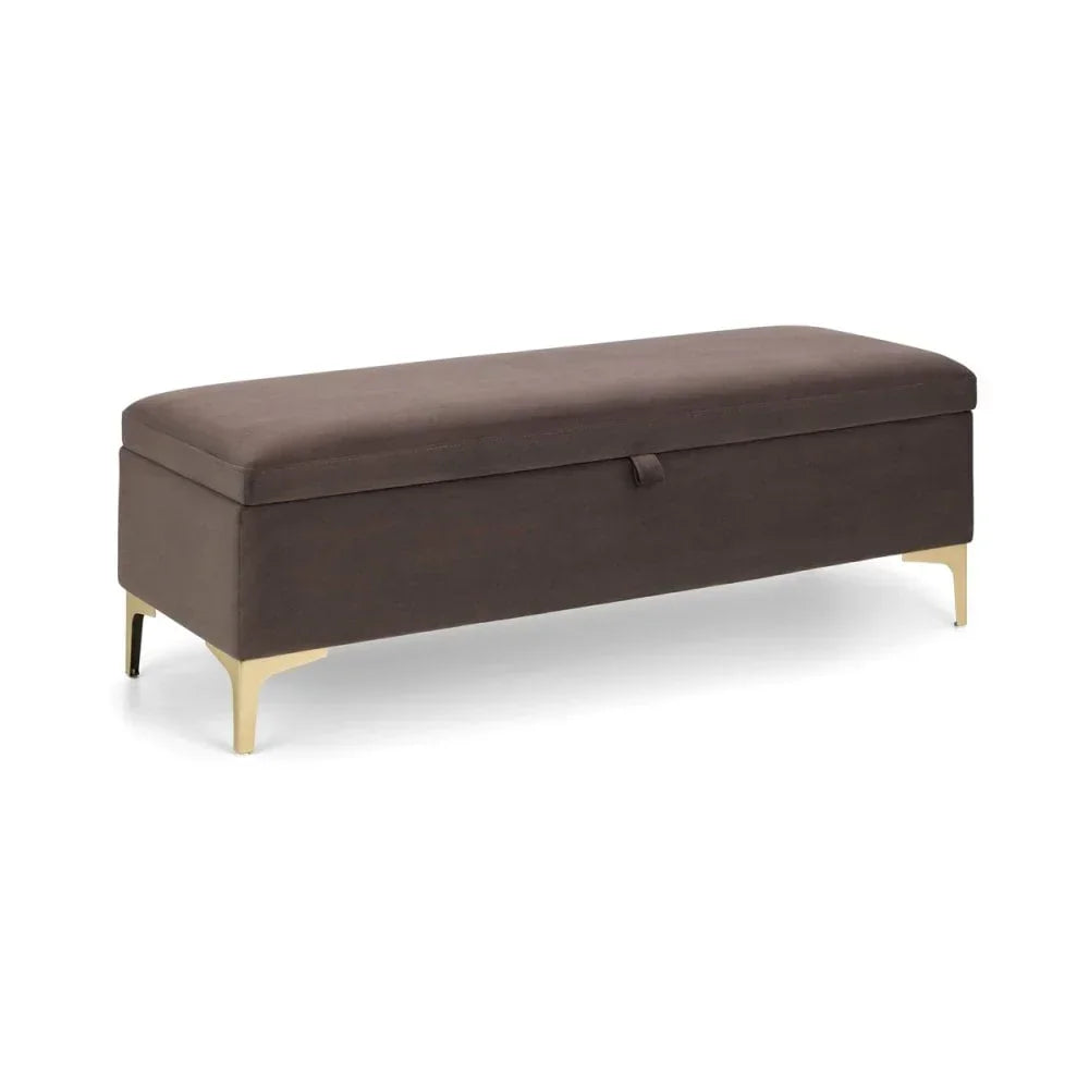 Brown upholstered storage bench with gold metal legs on white background