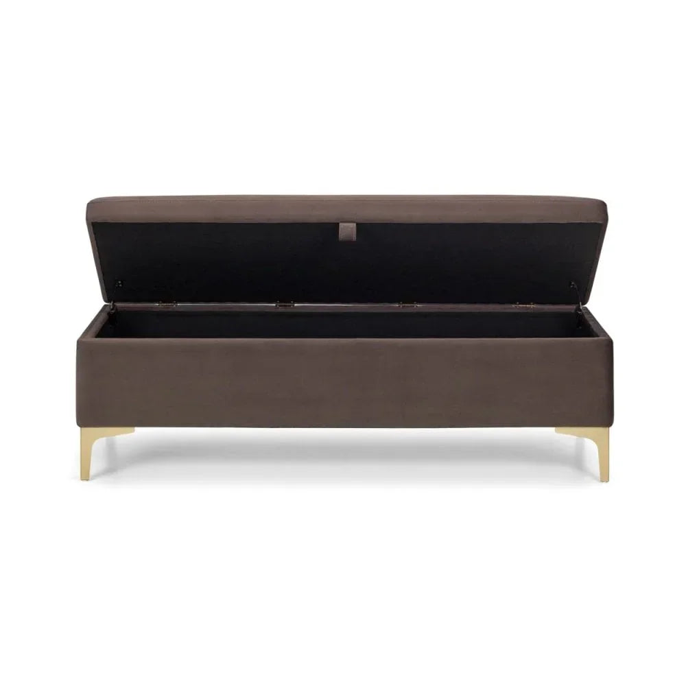 Brown upholstered storage bench with open lid and gold legs, front view