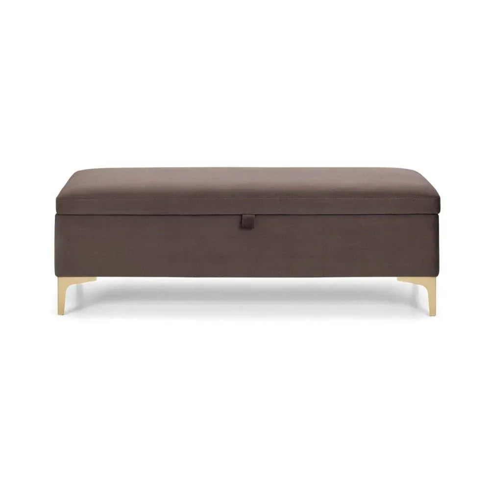 Brown upholstered storage ottoman bench with gold metal legs, front view