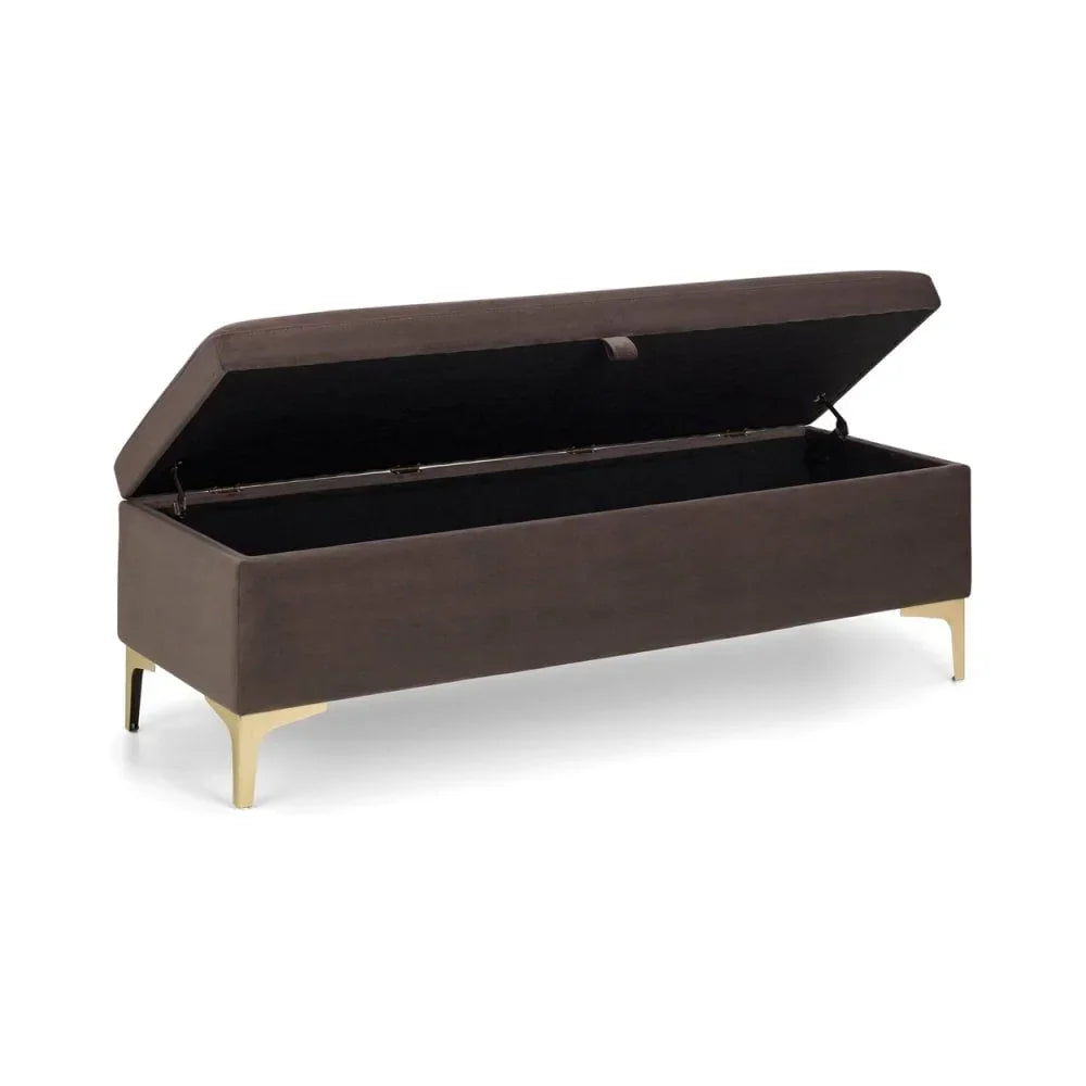 Brown velvet storage bench with open lid and gold metal legs