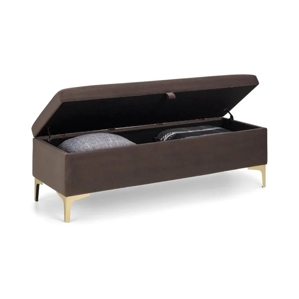 Brown storage bench with gold legs and lift-up lid, showing pillows inside