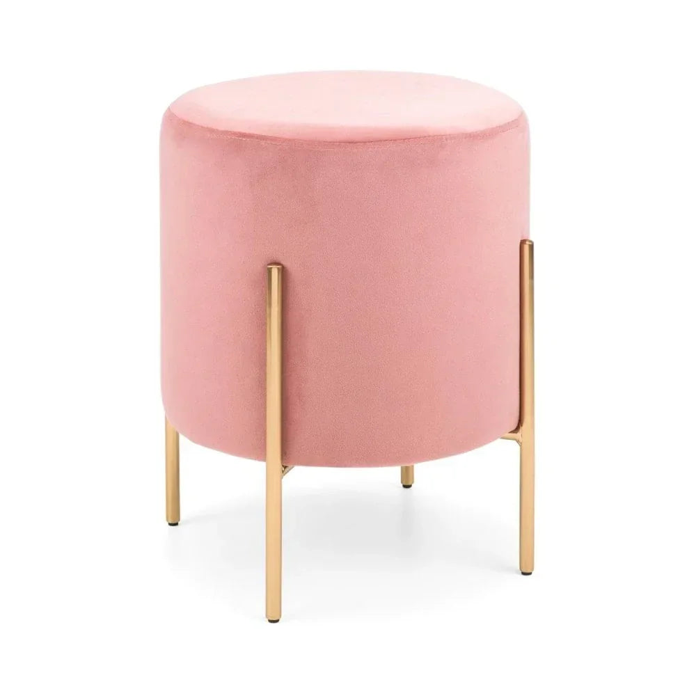 Pink velvet stool with gold metal legs, round shape, modern accent furniture