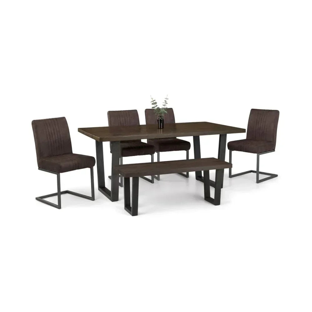 Dark wood dining table set with four brown fabric chairs and matching bench, metal legs