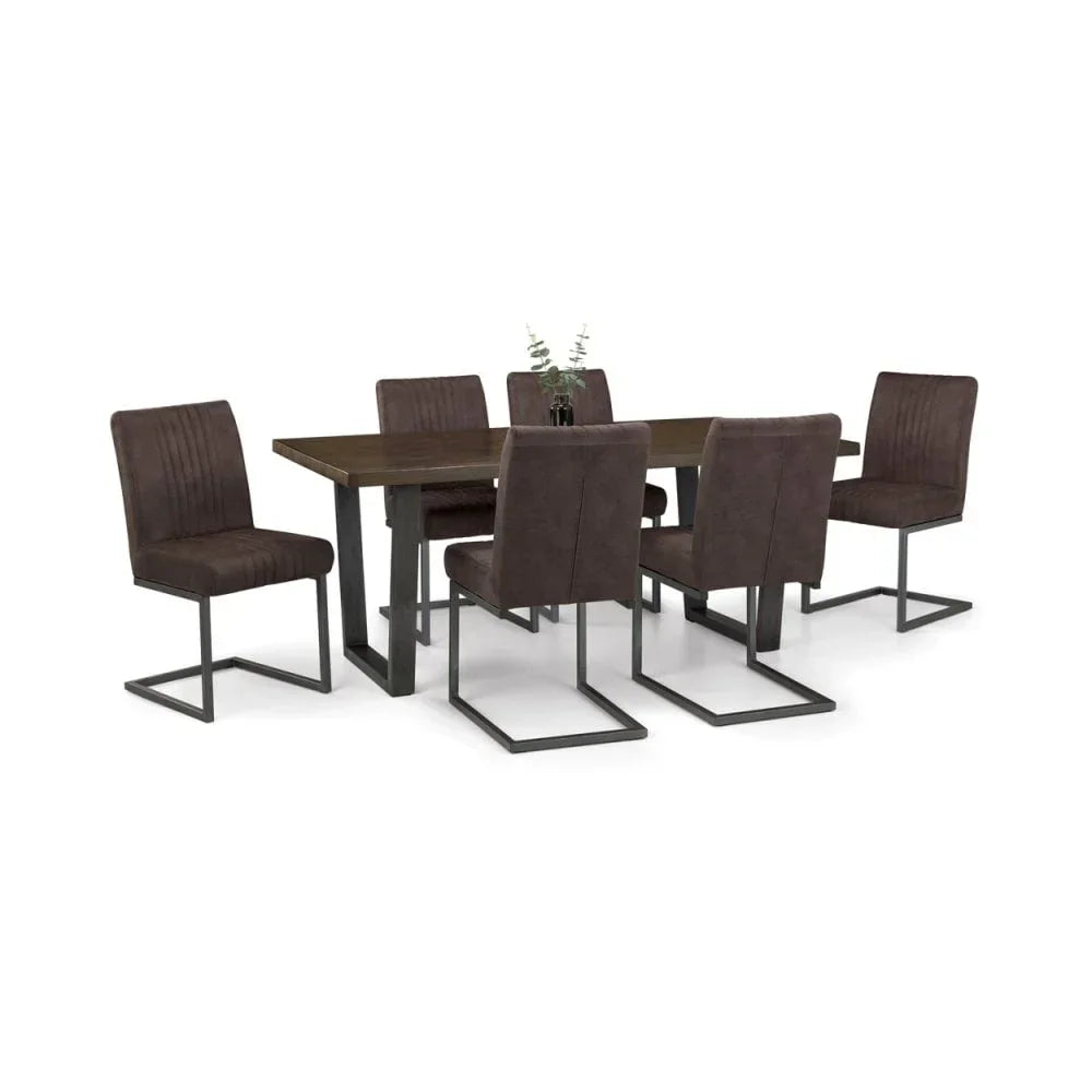 Dark wood dining table set with six brown cantilever chairs and black metal legs