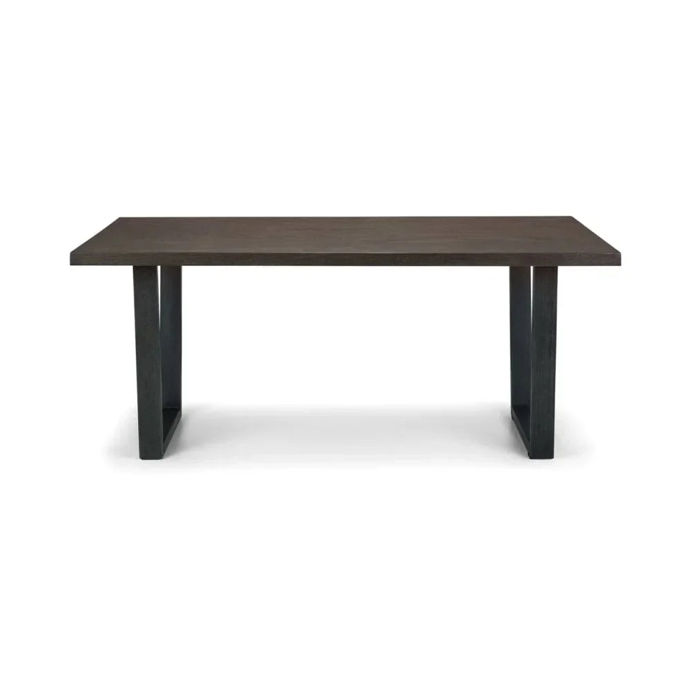 Rectangular dark wood dining table with black metal legs, front view