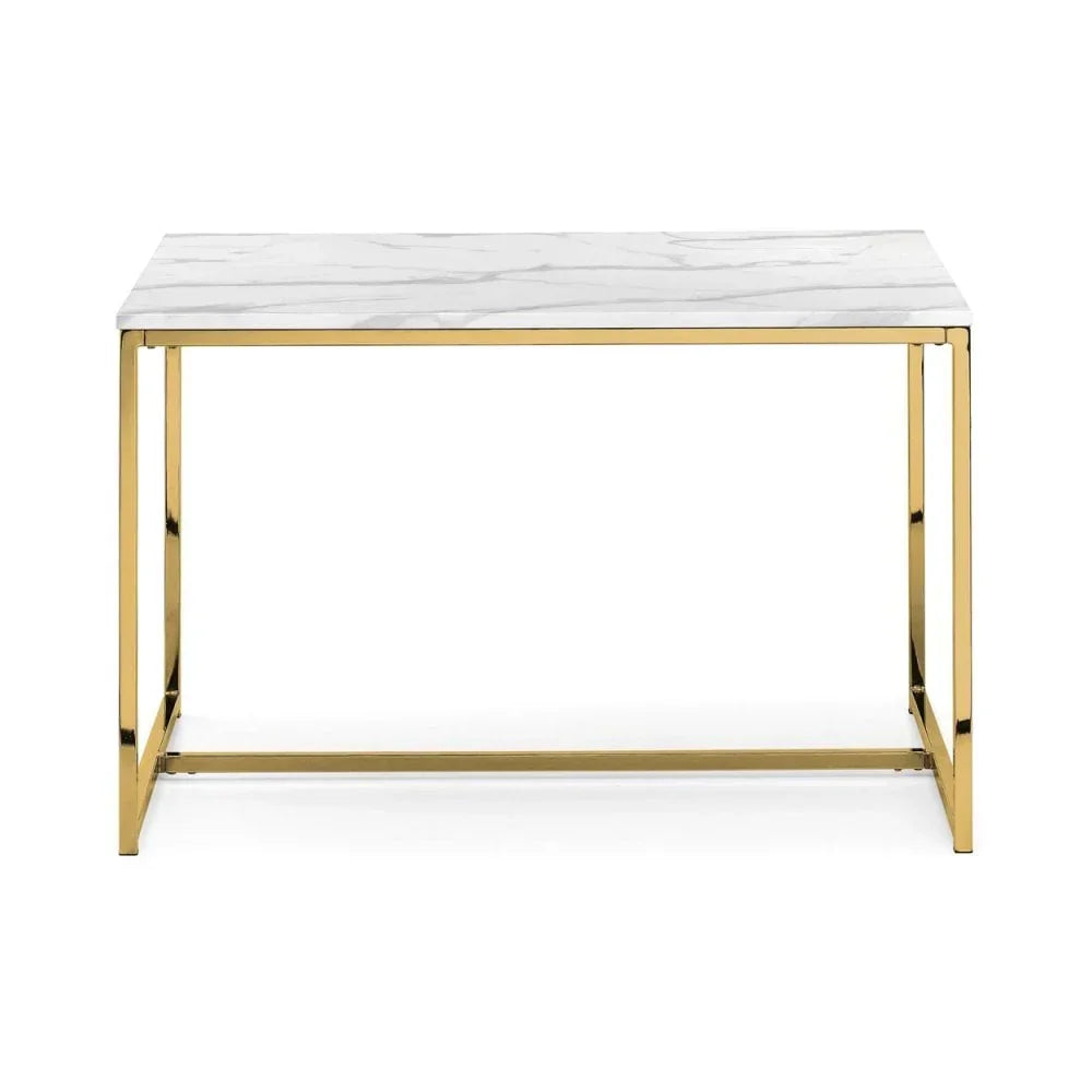 Rectangular marble top coffee table with gold metal frame, front view