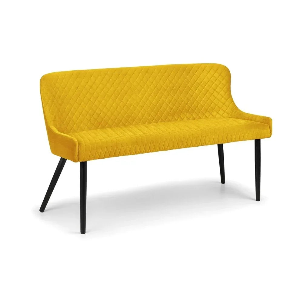 Yellow quilted fabric bench with black tapered legs, dining room seating furniture