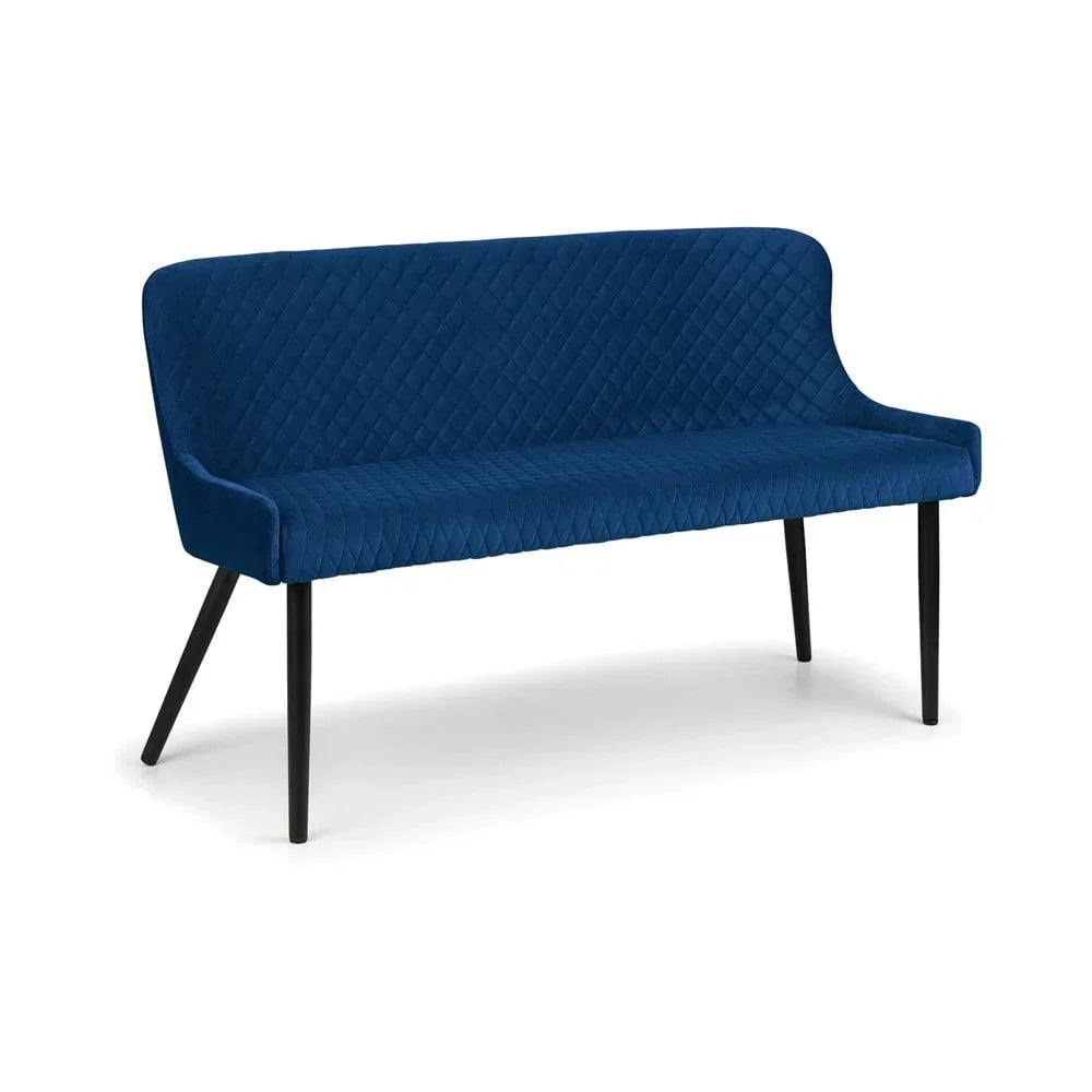 Blue fabric dining bench with quilted backrest and black angled legs, front angle view