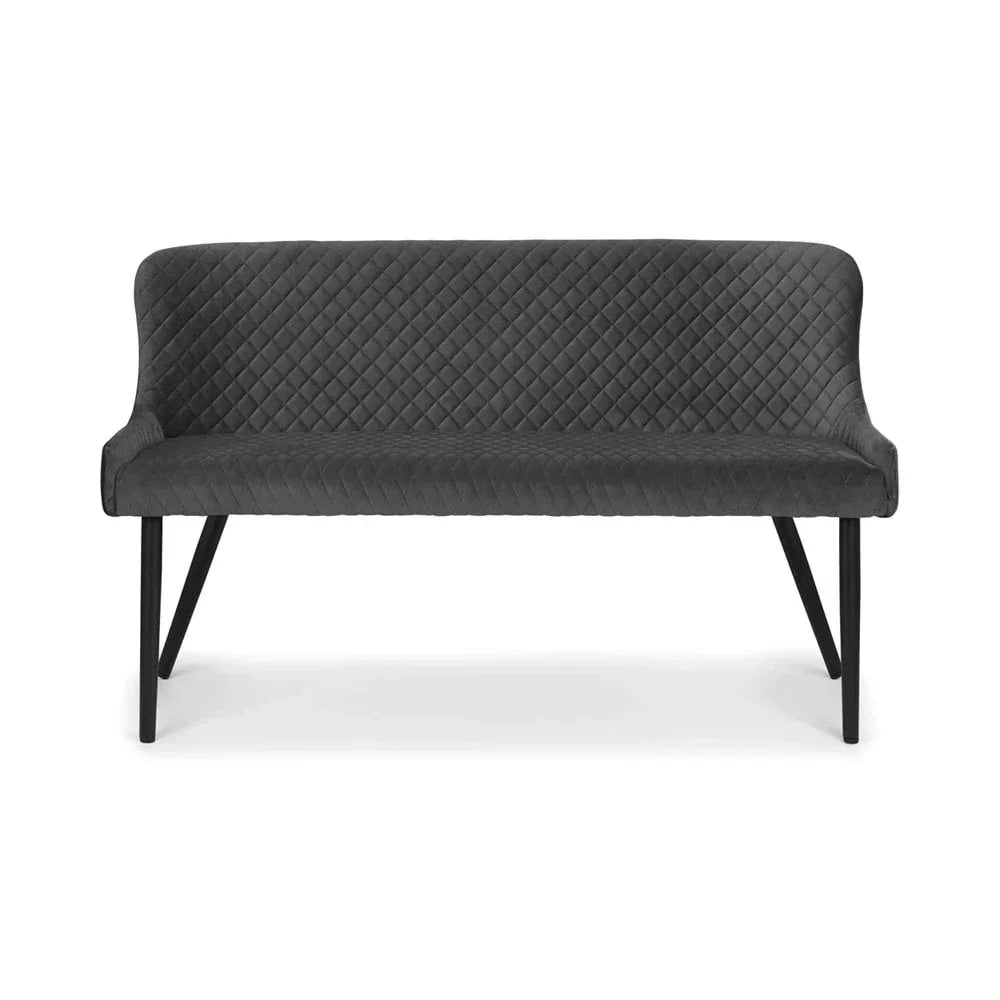 Dark grey quilted fabric dining bench with slim black metal legs, front view