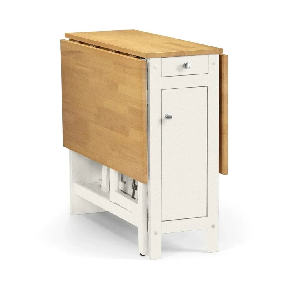 Foldable dining table with natural wood top, white frame, drawer and storage cabinet
