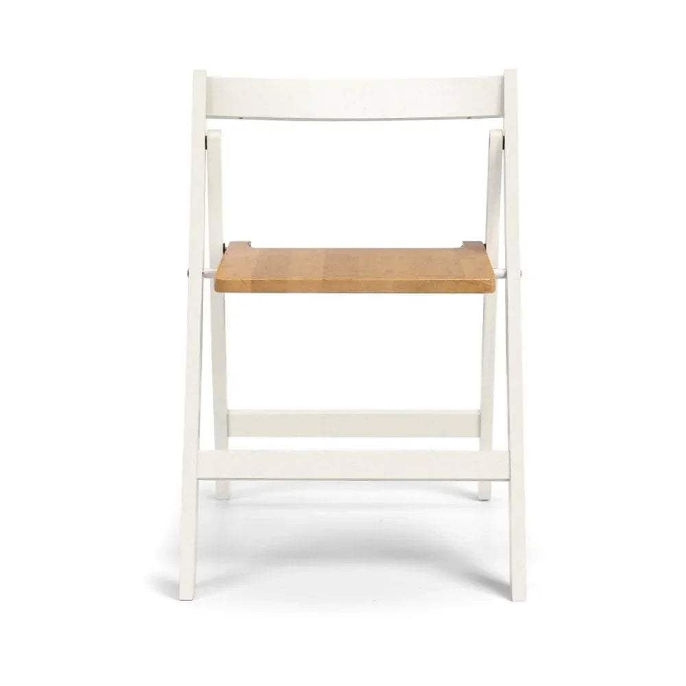 White folding chair with light wood seat, shown from the front