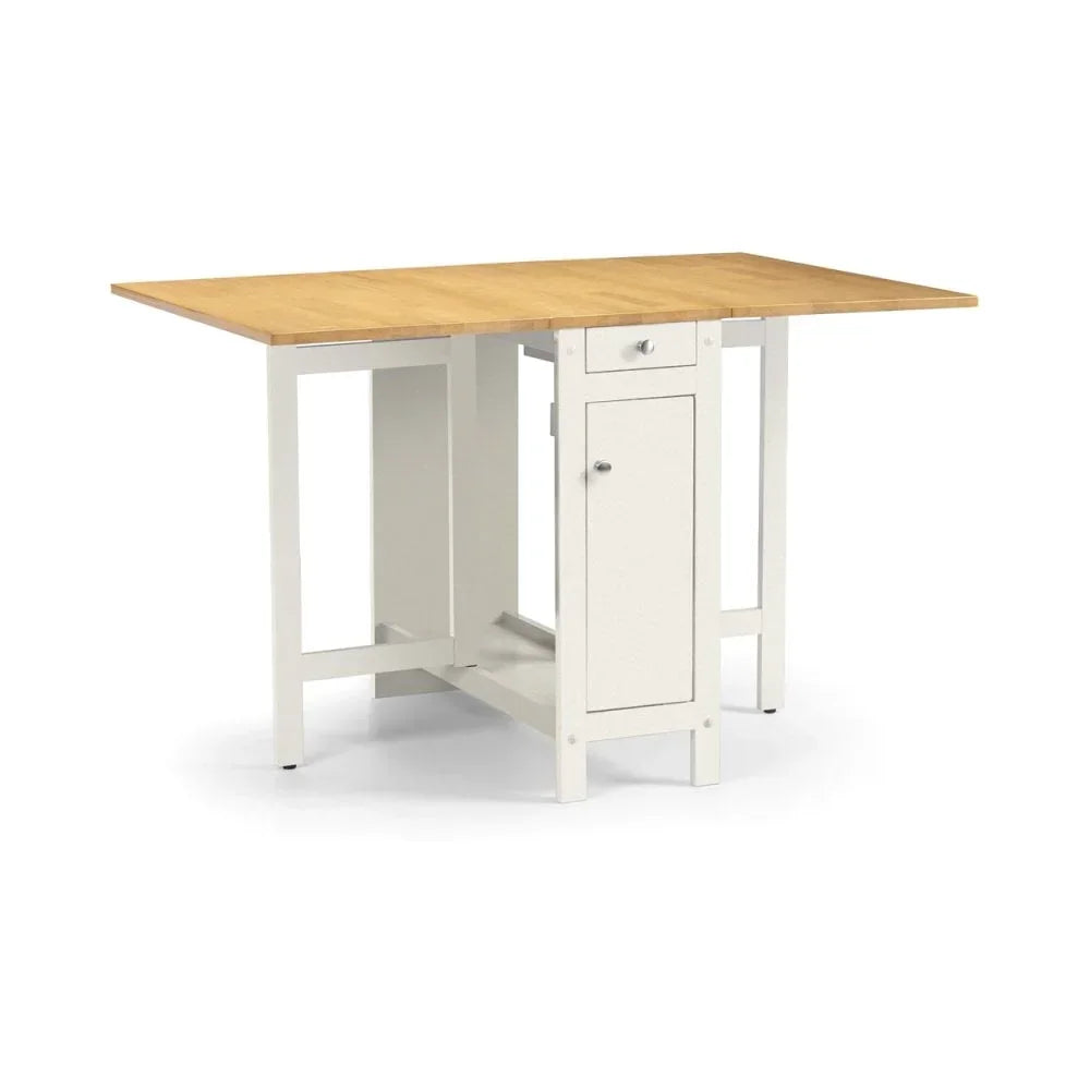 Drop leaf dining table with white frame, light wood top, built-in drawer and cupboard