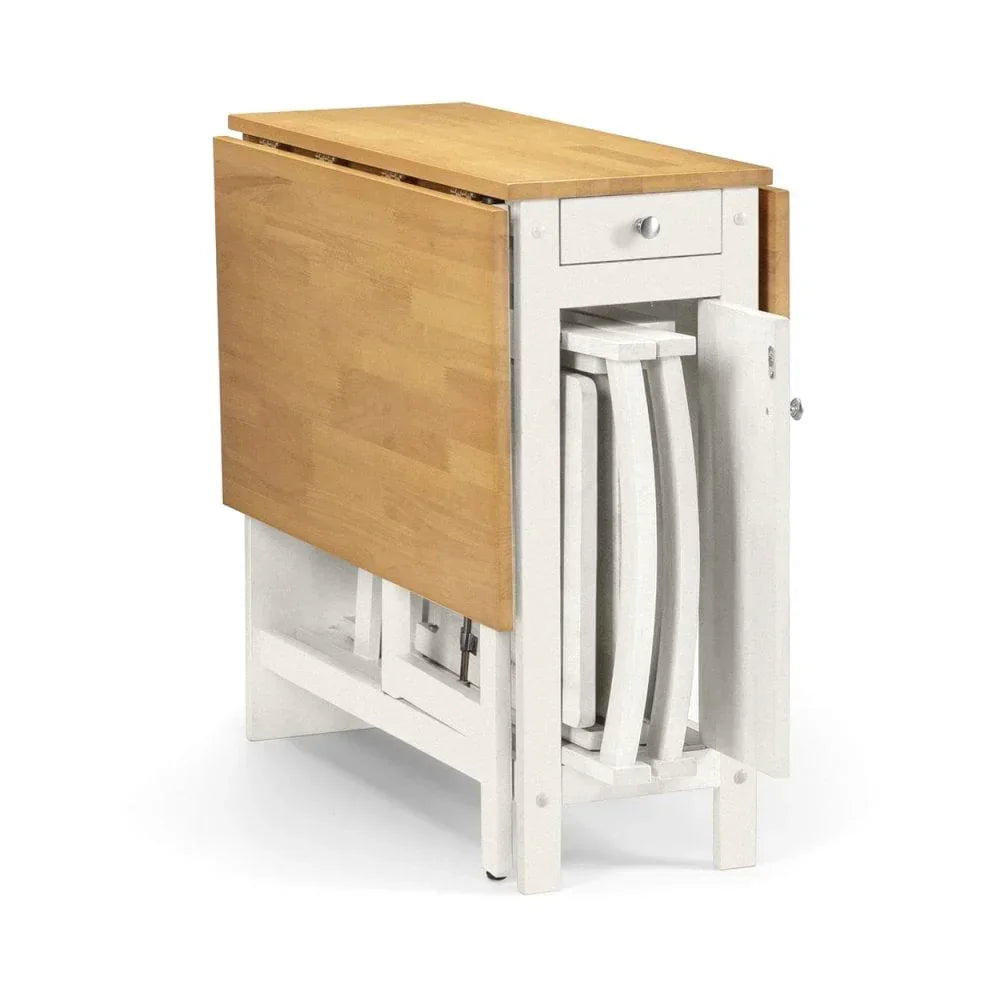 Folding dining table with light wood top, white frame, built-in storage for matching chairs