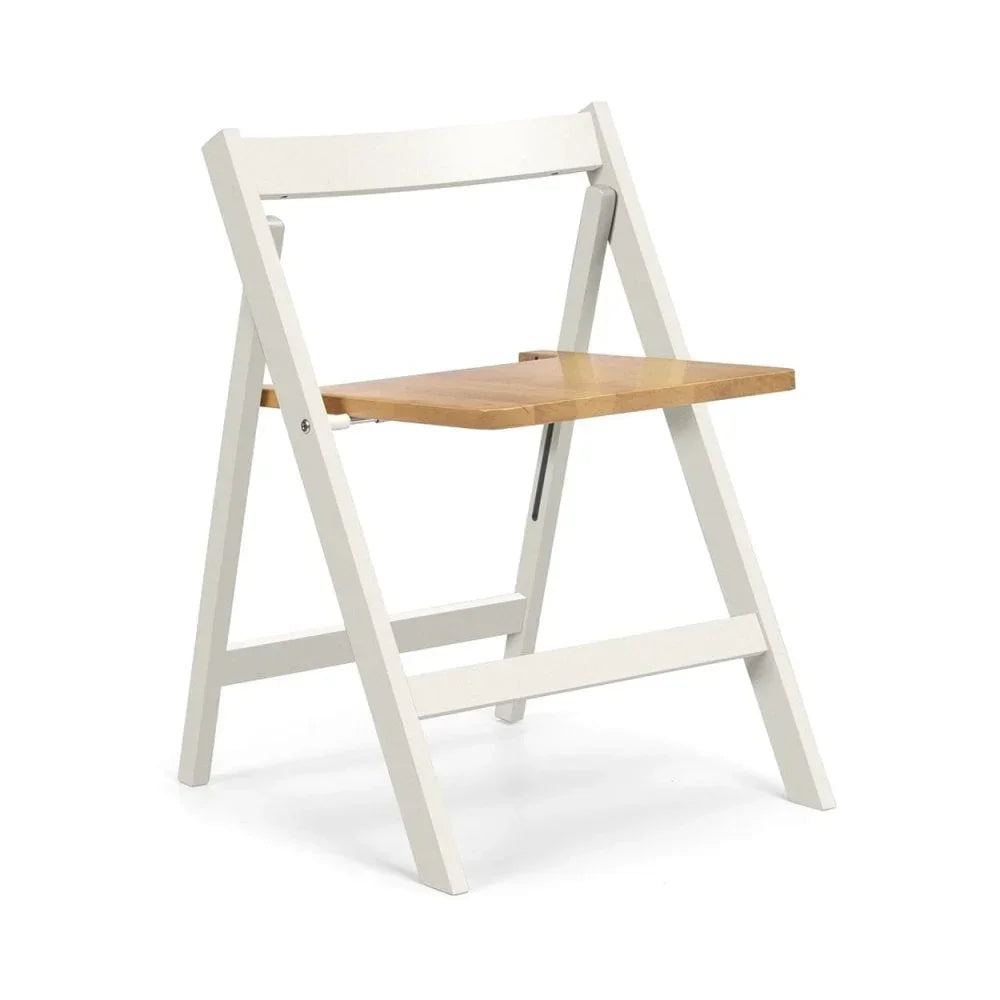 White folding chair with light wood seat on white background