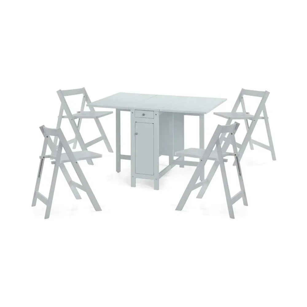 White folding dining table set with storage cabinet and four matching folding chairs