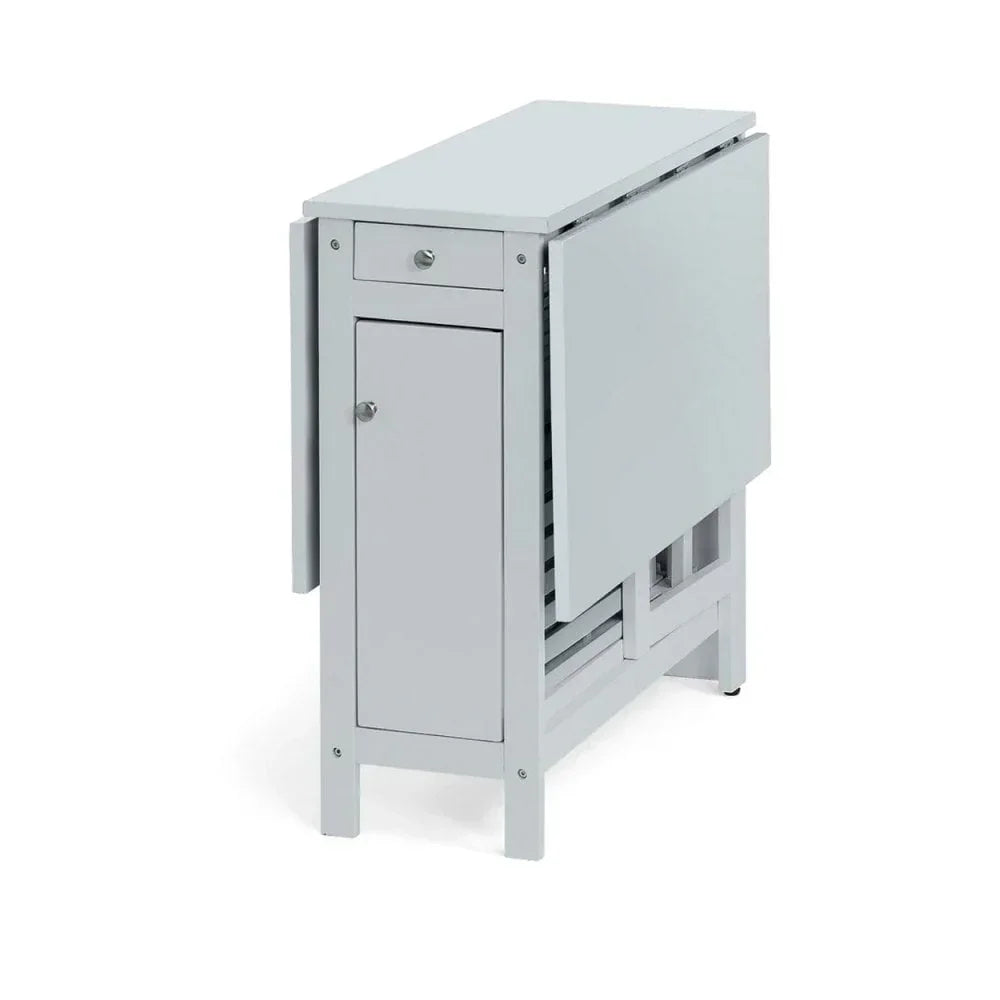 Foldable dining table with storage drawer and cabinet in light grey finish
