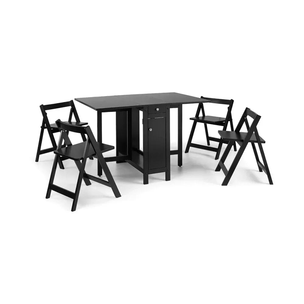 Black folding dining table with four matching chairs and central storage cabinet