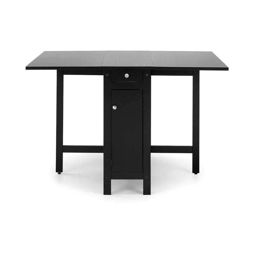 Black folding dining table with storage cabinet and drawer, shown against a white background