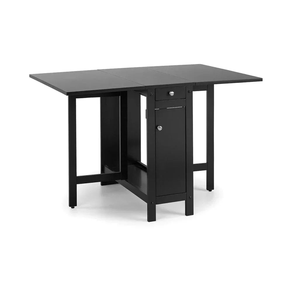 Black extendable dining table with drop-leaf sides, storage drawer and cupboard
