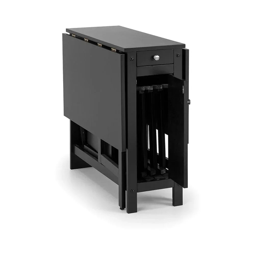 Black folding dining table with integrated storage and pull-out chairs
