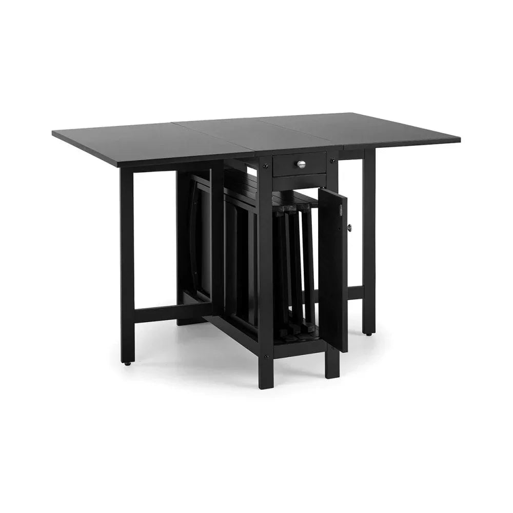 Black folding dining table with built-in storage for chairs and drop leaf sides